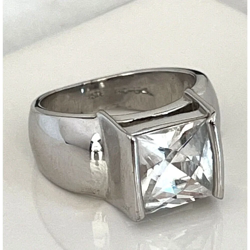 Vintage 1980s Uncas Ring Cubic Zirconia Solitaire Sterling Silver - 10D